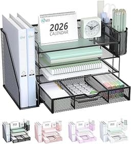 WALI Desk File Organizer, 4 Tier Desktop Paper Letter Tray Organizer with Drawer and 2 Pen Holders, Office Desk Acces...