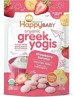 Happy Baby Organics Baby Snacks, Greek Yogis, Freeze Dried Yogurt & Fruit Snacks, Gluten Free Snack for Babies 9+ Mon...