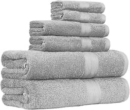 Amazon Basics 6-Piece Fade-Resistant 100% Cotton Towel Set for Bathroom, Soft and Absorbent, 2 Bath Towels, 2 Hand To...