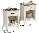 VASAGLE LIRY Collection - Farmhouse Nightstands with Charging Station, Set of 2 Bedside Tables, Side Tables with Draw...