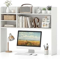 LDAILY 3-Tier Desktop Bookshelf, Wooden Desk Hutch for Computer Monitor Up to 32 Inch, Desk Organizer Shelf with Adju...