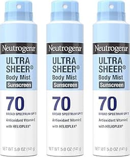Neutrogena Ultra Sheer Body Mist Sunscreen Spray, Broad Spectrum SPF 70, Lightweight Spray Sunscreen, Non-Greasy & Wa...
