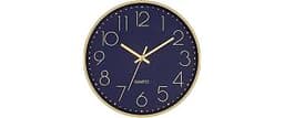 Foxtop 12" Modern Wall Clock Silent Battery Operated Metal Clock, Blue Gold | Aluminum Frame, Dark Blue Dial, Non-Tic...