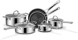 SNOWCLAD Pots and Pans Set Non Stick, 10 Pcs Hybrid Stainless Steel Cookware Sets, Non Stick Frying Pans, Saucepans, ...