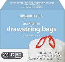 Amazon Basics Scented Trash Bags, Tall Kitchen Drawstring, Clean Fresh Scent, 13 Gallon, 200 Count, Pack of 1