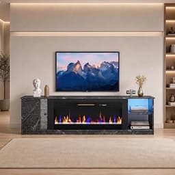 Pinmoco 70-Inch Fireplace TV Stand with Faux Marble Top, Black (Black)