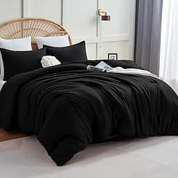 CozyLux Queen Comforter Set Black, 3 Pieces Lightweight Comforters Queen Size Quilted Bedding Sets, All Season Breath...