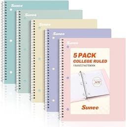 SUNEE Spiral Notebooks, 1-Subject, 5 Pack, College Ruled Paper, 8" x 10-1/2", 70 Sheets per Notebook,3-Hole Punched P...