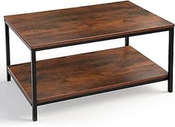 SUPER DEAL 2-Tier Industrial Coffee Table with Storage Shelf for Small Apartment Living Room, Rectangle Wood and Stab...