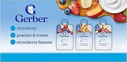 Gerber Toddler Food, Very Berry, Peaches & Cream, Strawberry Banana, Fruit Puree and Yogurt Pouches, Calcium Helps Su...