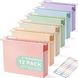 SortRax Plastic Extra Capacity Hanging File Folders, 2" Pastel Expanding Pocket, Heavy Duty for Filing Cabinet, Inser...