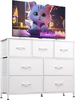 WLIVE Dresser for Bedroom, 7 Drawers, TV Stand, White | 7 roomy fabric drawers, Fits TVs up to 45 inch, Bedroom or li...