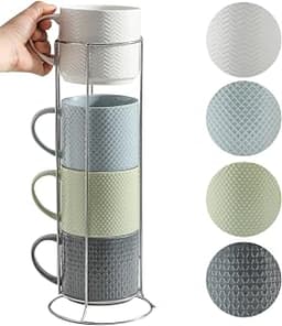 HASENSE Coffee Mugs with Metal Stand,15 oz Ceramic Stackable Mug Set Embossed Latte Cup, Ceramic Coffee Cups with Han...