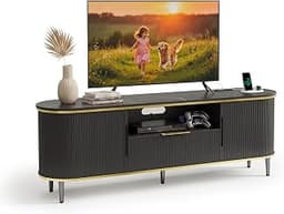 70'' Fluted TV Stand for 75, 80 Inch TV, Faux Marble Entertainment Center with Storage, Modern Curved Edge Media Cons...