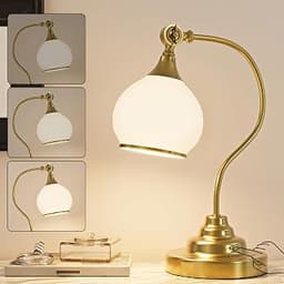 Vintage Battery Rechargeable Table Lamp, Gold Cordless Lamp, Milky Glass | Swing Head, Curved Arm, Easy to Install, T...