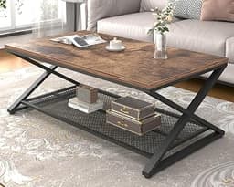 LVB Coffee Table for Living Room, 2 Tier Tea Table, 47 inch, Rustic Brown | Industrial Metal Wood Coffee Table with S...