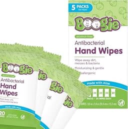 Boogie Antibacterial Hand Wipes - 100 Count | Hypoallergenic & Alcohol-Free, Travel and Diaper Bag Essential
