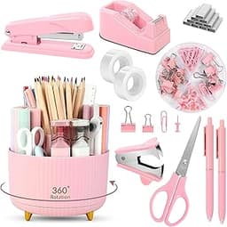 SKYDUE Pink Desk Accessories 11Pcs with Rotating Pen Holder for Desk | Included Stapler with Staples, Staple Remover,...