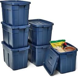 Rubbermaid Roughneck Tote 18 Gal, 6 Pack, Made in USA, Dark Indigo Metallic, Rugged Plastic Stackable Storage Bins wi...