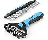 Docrok Pet Grooming Combo - Blue Deshedding Brush with Metal Comb for Detangling and Dematting Long, Matted Fur on Ca...