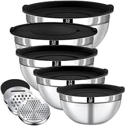 8PCS Mixing Bowls with Lids Set - 5 Nesting Mixing Bowls, 3 Grater Attachments, Lids, Stainless Steel Mixing Bowls fo...