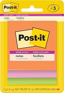 Post-it Super Sticky Notes, 3 x 3 in, Neon Fizz, 3 Pads, 45 Sheets/Pad | School Supplies and Office Supplies, 2X the St...