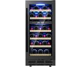 15 Inch Dual Zone Wine Fridge, 28 Bottles Wine Fridge Under Counter with Removable Shelves & Double-Layer Glass Door,...