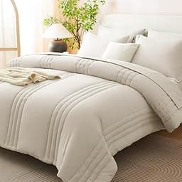 CozyLux Queen Comforter Set Beige - 7 Pieces Bed in a Bag, Modern Vertical Quilted Room Decor, Soft All-Season Beddin...