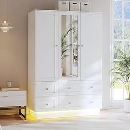 VOWNER Wardrobe Closet with 3 Doors, Bedroom Armoire with Mirror, LED Light, 4 Drawers and Hanging Rod, Large Capacit...
