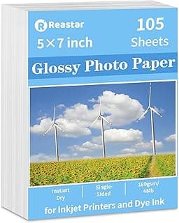 Reastar Glossy Photo Paper 5×7 in, 105 Sheets Inkjet Photo Printer Paper | Instant Dry, 180gsm/48lb, Blank Back, Refl...