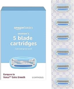Amazon Basics 5-Blade Razor Refills for Women with Comfort-Coated Blades, Moisture Lubrication, Hypoallergenic, 6 Cou...