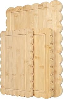 3 Pcs Large Bamboo Wood Scalloped Cutting Boards, Decorative Cutting Boards Bread Charcuterie Board with Juice Groove...