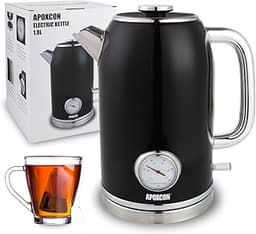 APOXCON Retro Electric Kettle with Thermometer, 1.8L Stainless Steel, Black, Cordless, 1000W Fast Boiling, Automatic ...