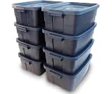 Rubbermaid Roughneck Tote 10 Gal, 8 Pack, Made in USA, Dark Indigo Metallic, Rugged Plastic Stackable Storage Bins wi...