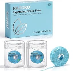 RAZOKO Expanding Woven Dental Floss Infused with Coconut Oil, Mint | Shred-Resistant Soft Floss for Braces & Wide Gap...
