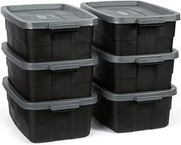 Rubbermaid 6-Pack Totes for Storage with Lids, Heavy Duty Plastic Storage Bins with Lids, Black Gray, 10 GAL - Stacka...
