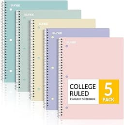 SUNEE Spiral Notebooks, 1-Subject, 5 Pack, College Ruled Paper, 8" x 10-1/2", 70 Sheets per Notebook,3-Hole Punched P...