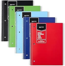 Amazon Basics College Ruled Spiral Notebook, For Work and School, 70 Sheets, 8" x 10.5", Assorted Solid Colors, 5 pack