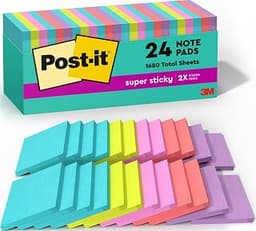 Post-it Super Sticky Notes, 3 x 3 in, Supernova Neons, 24 Pads