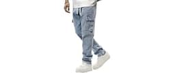 JMIERR Men's Elastic Waist Cargo Jeans Stretch Denim Pants with Drawstring Straight Leg for Casual Daily Wear