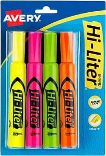 Avery Hi-Liter Desk-Style Highlighters, Smear Safe Ink, Chisel Tip, 4 Assorted Color Highlighters (24063)