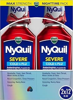 Vicks NyQuil SEVERE Cold & Flu Liquid Twin Pack, Nighttime Relief Medicine for Headache, Fever, Sore Throat, Minor Ac...