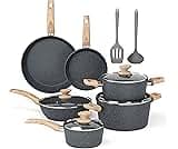 DishDelight Induction Pots and Pans Set Non Stick, 12 Piece Granite Kitchen Cookware Sets, Cooking Pot Set Nonstick N...
