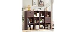 12 Cube Storage Organizer, Walnut Bookcase, Wooden Bookshelf with 2 Fabric Drawers, Freestanding Home Organizer Shelf...