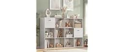 12 Cube Storage Organizer, White Bookshelf with 2 Fabric Drawers, Bookcase with Open Shelf, Cuby Organizer for Bedroo...