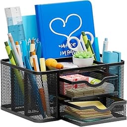 Marbrasse Mesh Desk Organizer, Pen Organizer with 2 Drawer, Multi-Functional Pencil Holder, Desk Organizers and Acces...