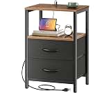Huuger Nightstand with Charging Station, Side Table with Fabric Drawers | End Table with Open Shelf, Bedside Table wi...