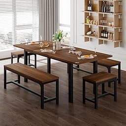Feonase 5-Piece Dining Table Set for 4-8 People, 63" Extendable Kitchen Table with 2 Benches and 2 Square Stools, Mid...