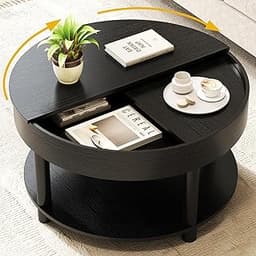 HSH Round Coffee Table, Modern Living Room Table with 2-Tier Storage, 360° Rotating Desktop, Removable Tray, Wood Cir...