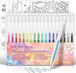 SKYDUE Glitter Gel Pens, 18 Colors Retractable Sparkle Glitter Pens for Adults Coloring Books, Journaling, Drawing, S...